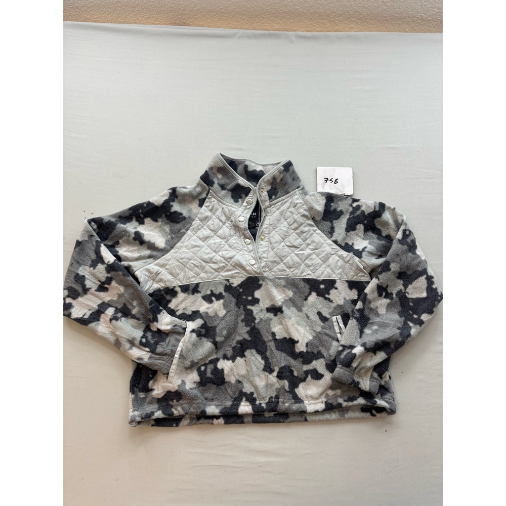 Kyodan Outdoor Camo Fleece Pullover Quilted Snap Neck Jacket Gray Black Mens M